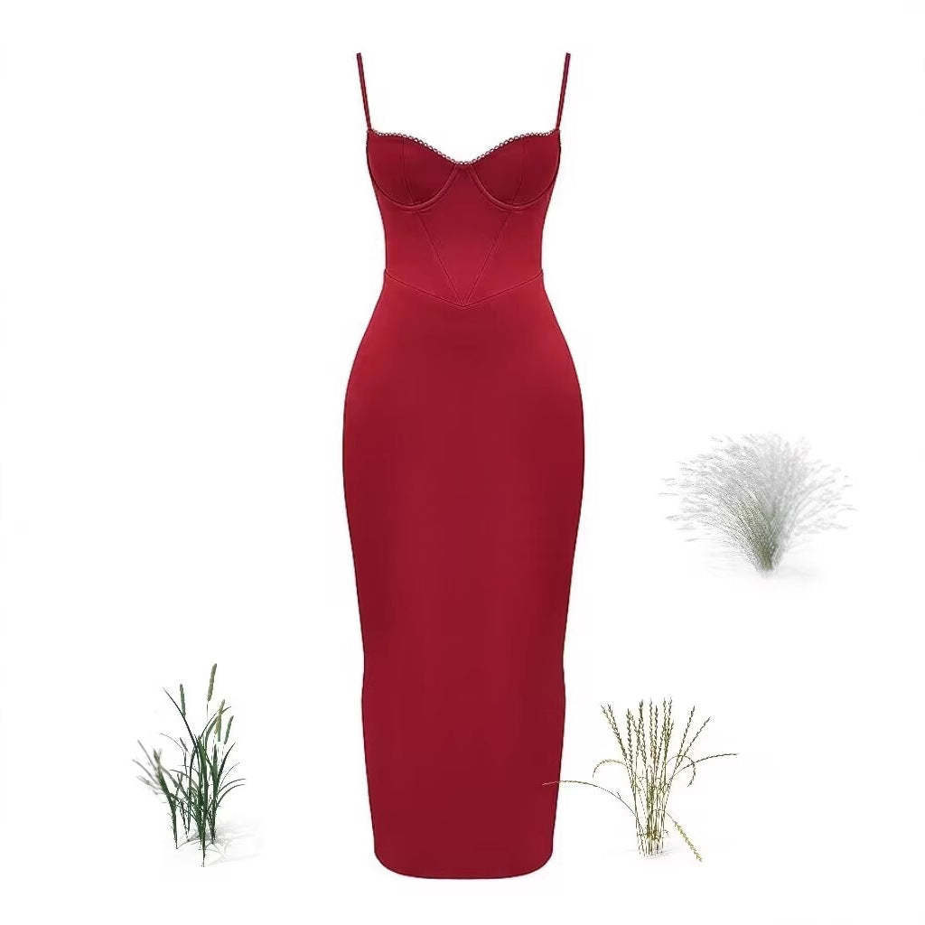 Ladies New Camisole Wine Red Evening Dress