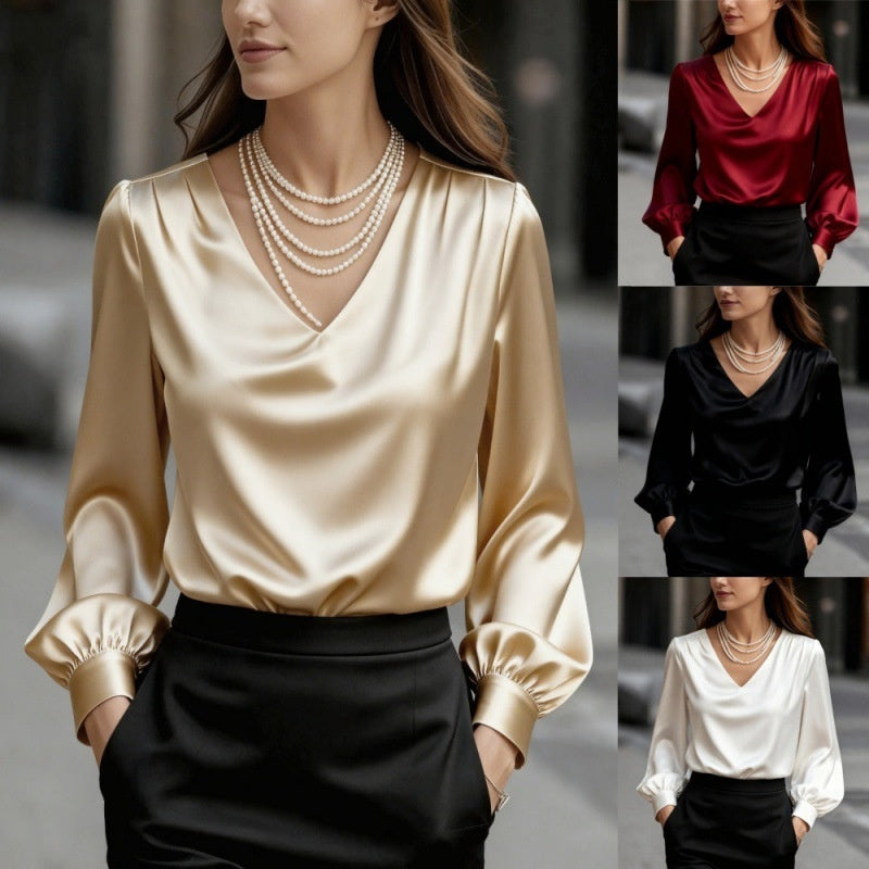 Bubble Sleeve V-neck Long Sleeve Blouse For Women