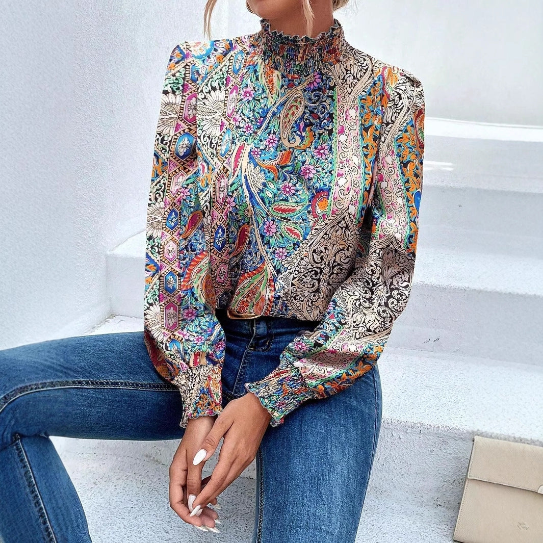 Printed High-neck Gathered Long-sleeve Women's Blouse