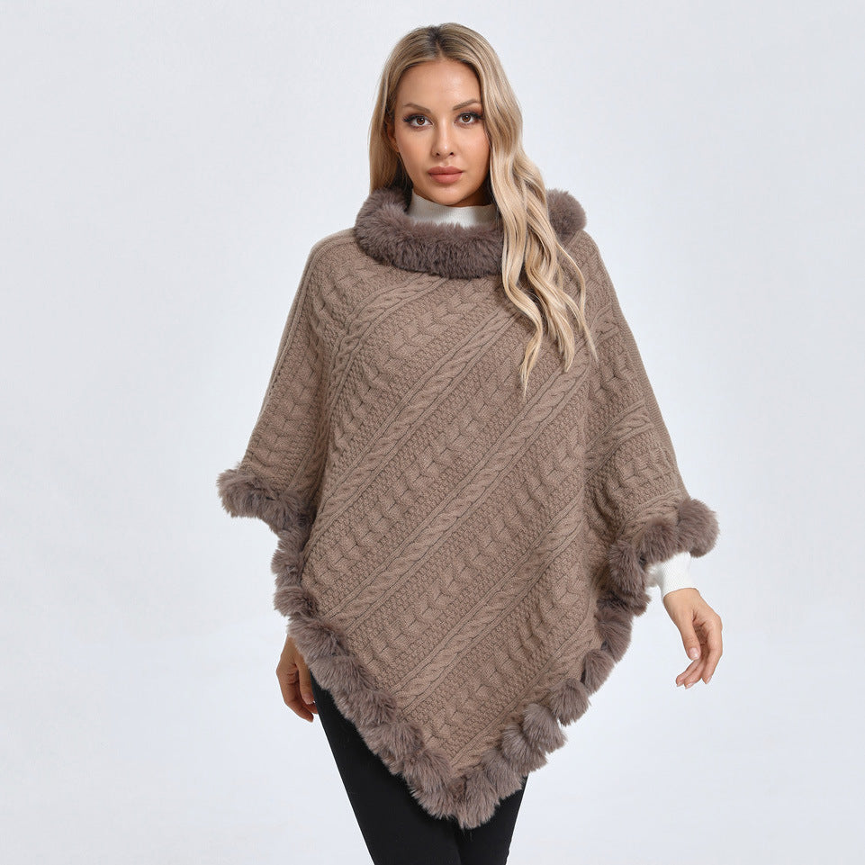 Fur Collar Oversized Knit Pullover Shawl Cloak
