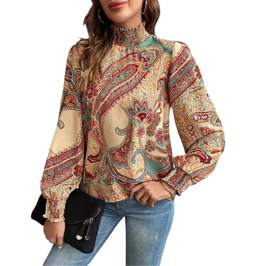 Printed High-neck Gathered Long-sleeve Women's Blouse