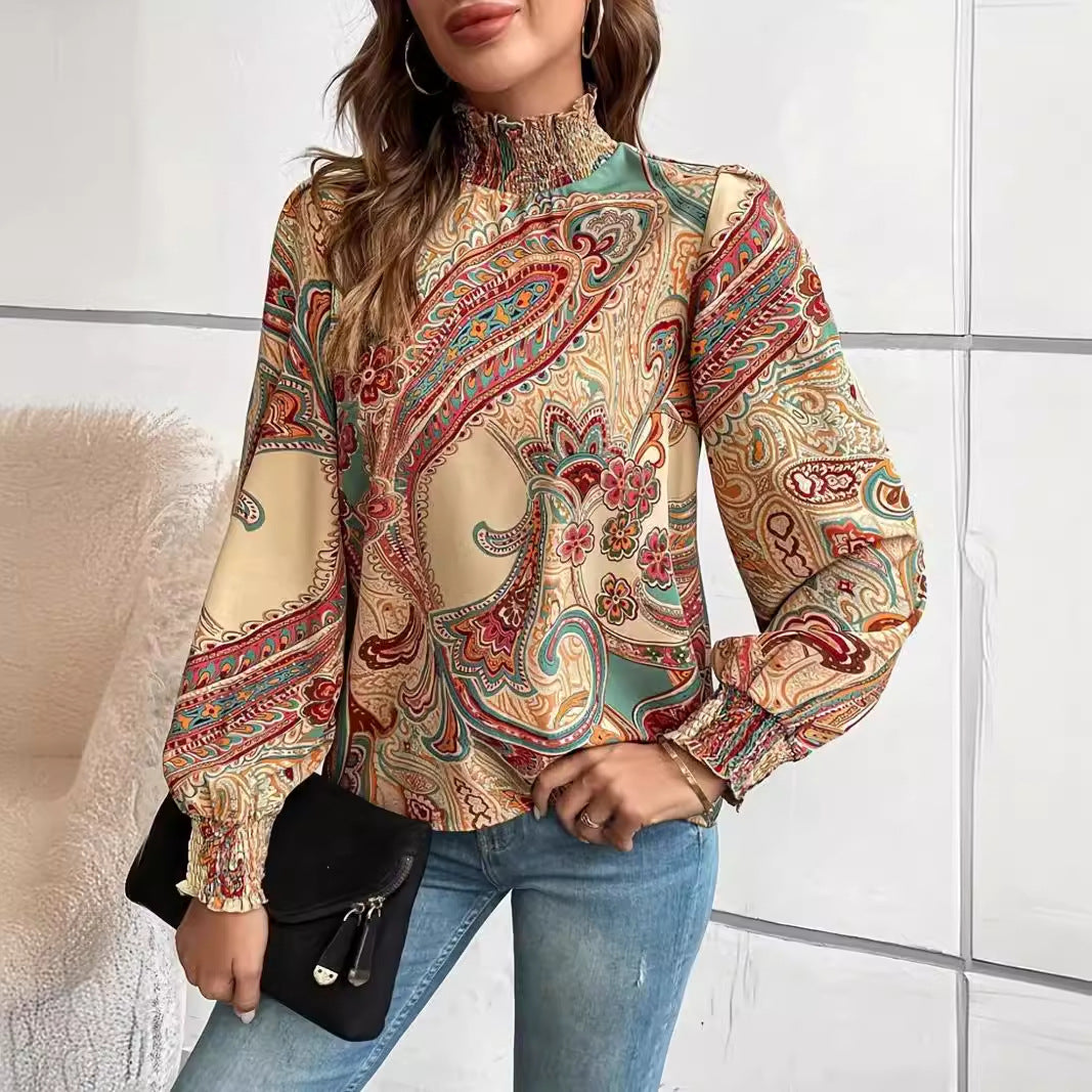 Printed High-neck Gathered Long-sleeve Women's Blouse