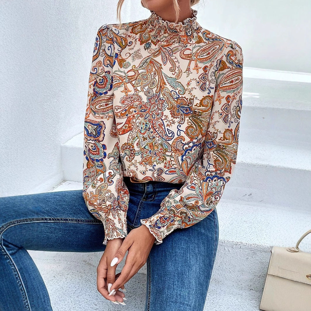 Printed High-neck Gathered Long-sleeve Women's Blouse